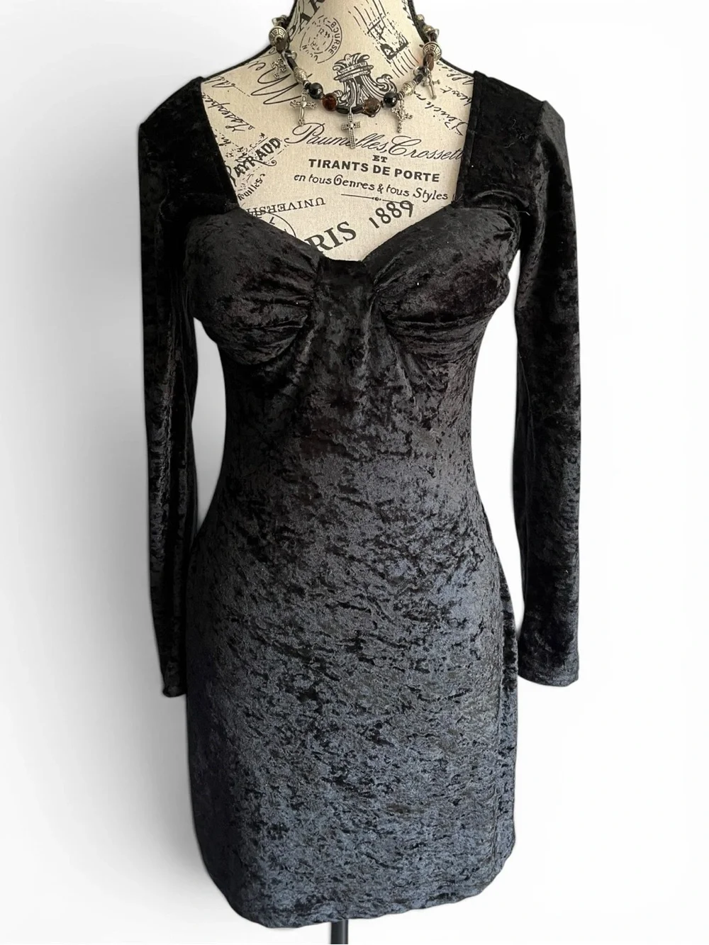 🇨🇦 Vintage 90s Le Château Black Crushed Velvet Bodycon Dress Goth Witchy Medium - Picture 5 of 9